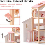 ROBUD Doll House, Wooden Dollhouse with 6 Rooms, 29-pcs Furniture Set, Working Elevator, Garage, Swimming Pool, Ideal Gift for Kids Ages 3+ (Pink)