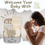 Elephany Baby Shower Gifts – Gender-Neutral Baby Gift Basket for Newborn Girls and Boys – Newborn Baby Essentials Gift Basket with Blanket, Towel, Rattle Toy, Socks – Cute Newborn Baby Gifts