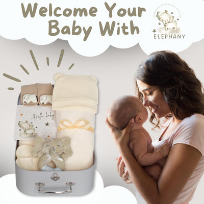 Elephany Baby Shower Gifts – Gender-Neutral Baby Gift Basket for Newborn Girls and Boys – Newborn Baby Essentials Gift Basket with Blanket, Towel, Rattle Toy, Socks – Cute Newborn Baby Gifts
