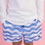 RUGGEDBUTTS Boys UPF50+ Stretch Neon Swim Trunks - Periwinkle Blue Wavy Stripe, 3-6m