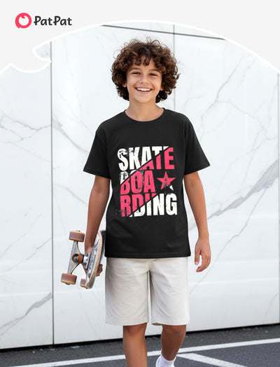 PATPAT Boys Graphic T-Shirts Size 8-9 Years Black Short Sleeve Crewneck Letter Print Tees Kids Casual Hippies Clothes