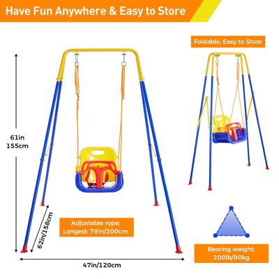 FUNLIO 3-in-1 Toddler Swing Set with 4 Sandbags, Indoor/Outdoor Baby Swing with Foldable Metal Stand, Kids Swing Set for Backyard, Clear Instructions, Easy to Assemble & Store