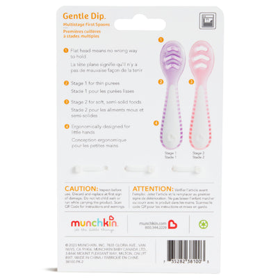 Munchkin® Gentle Dip™ Baby Spoons for Self Feeding and Baby Led Weaning, 3 Pack, Pink/Purple