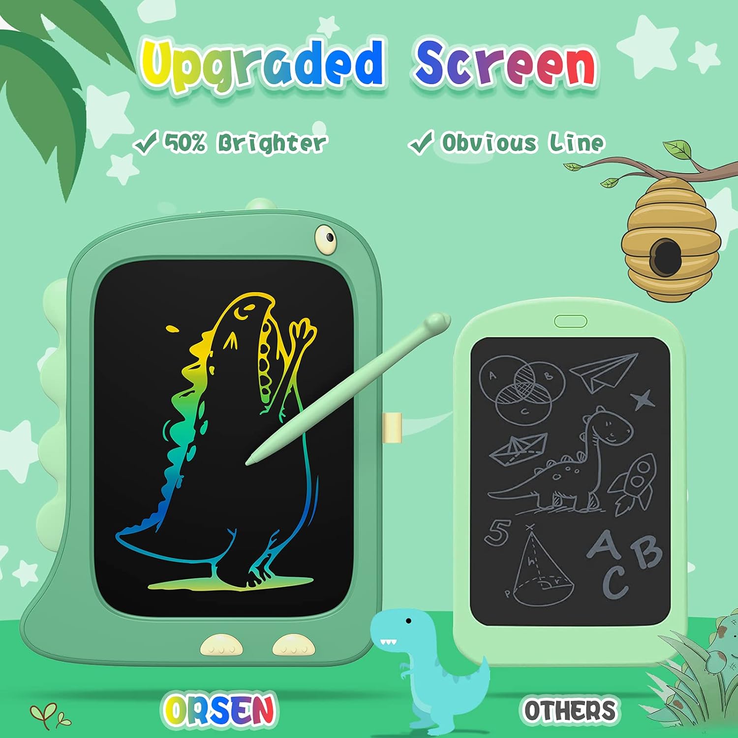 ORSEN 8.5 Inch LCD Doodle Board Tablet Toy - Green Dinosaur Drawing Pad for Kids 2-6 Years Old - Christmas and Birthday Gifts