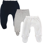 123 Bear Baby Soft Cotton Spandex Pants with Feet (BlkGryWht 3-Pack, 3-6 Months)