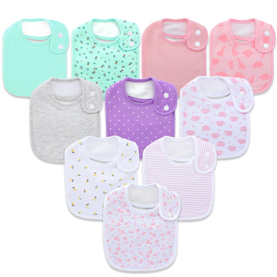 Collection of colorful baby bibs on a white background