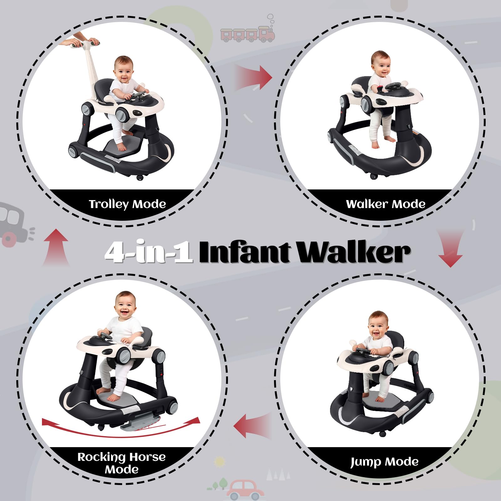 Baby Walker, 4-in-1 Baby Walker with Wheels Portable, Foldable Infant Toddler Walker for Boys Girls 6-18 Month,Removable Footrest,Car Steering Wheel & Music, Adjustable Push Walker Black