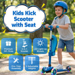Gotrax KS3 Kids Kick Scooter, LED Lighted Wheels, Adjustable Height Handlebars and Removable Seat, Lean-to-Steer & Widen Anti-Slip Deck, 3 Wheel Scooter for Kids Ages 2-8 and up to 100 Lbs (Blue)