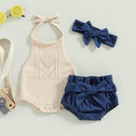 TheFound Toddler Baby Girl Summer Outfit Solid Color Tie-Up Halter Neck Knit Sweater Romper Denim Short Headband 3Pcs Clothes (Blue, 6-12 Months)