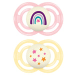 Two baby pacifiers with colorful designs on a white background