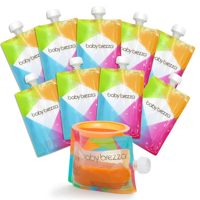 Colorful baby food pouches with 'baby brezza' branding on a white background