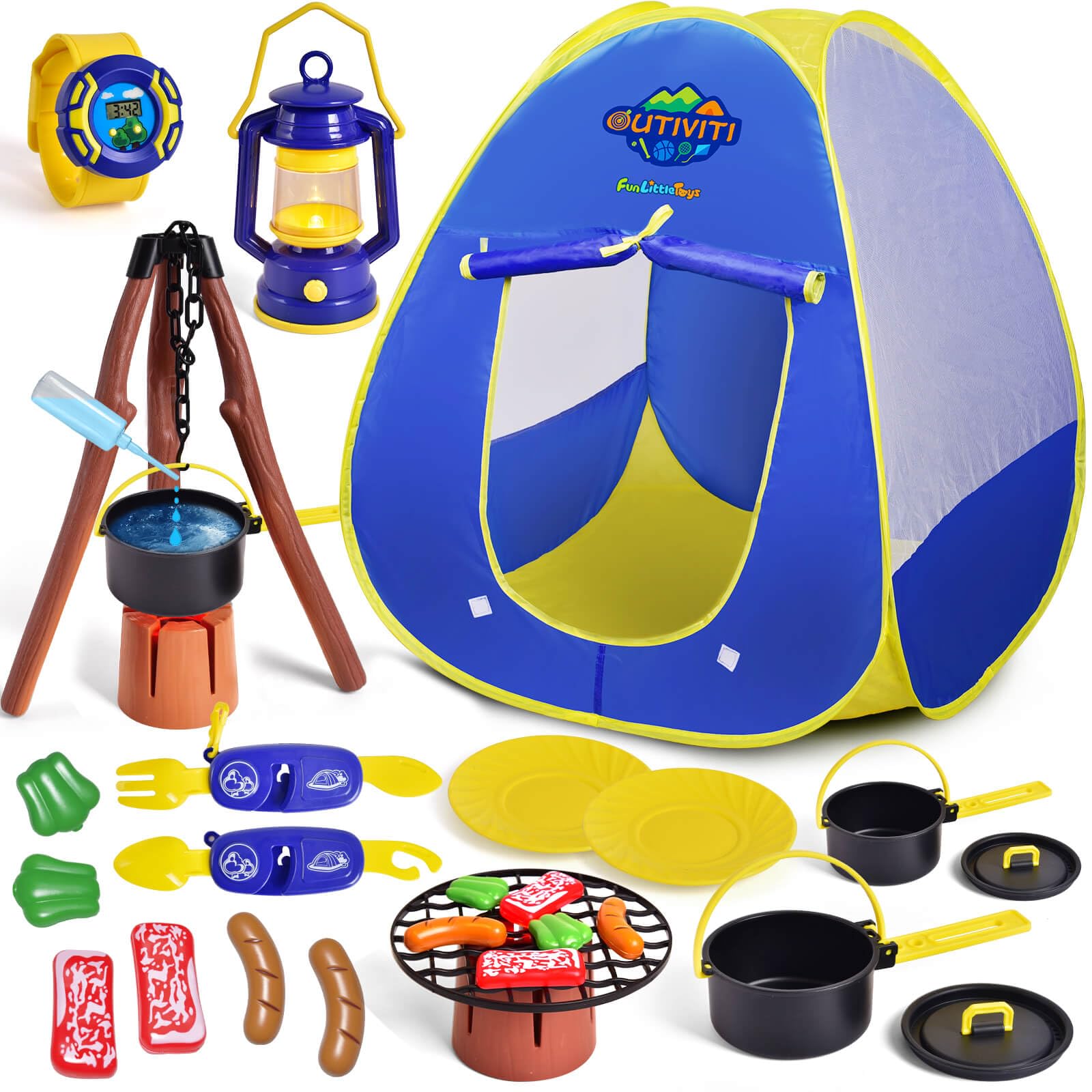 FUN LITTLE TOYS Pop Up Play Tent with Camping Gear and Tools Set, Outdoor Toys for Kids