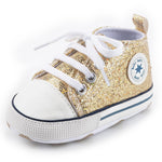 KKIIDDSS Unisex Baby Girls Boys Canvas High-top Shoes, Newborn Infant Anti-Slip Soft Sole Frist Walking Sneakers (B02/Sequin Gold,12-18 Months)
