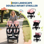 Side by Side Double Stroller for Twins, Lightweight Compact Foldable Baby Travel Stroller with High Landscape Seat, Adjustable Canopy & Recline for Infant and Toddler, Pink