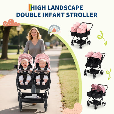 Side by Side Double Stroller for Twins, Lightweight Compact Foldable Baby Travel Stroller with High Landscape Seat, Adjustable Canopy & Recline for Infant and Toddler, Pink
