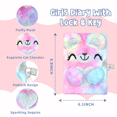 homicozy Bear Diary for Girls with lock and keys, Kids Journal School Travel Notebook Gift Set for Writing and Drawing,Plush Secret Diary with Multicolored Pen Stickers Purse Keychain