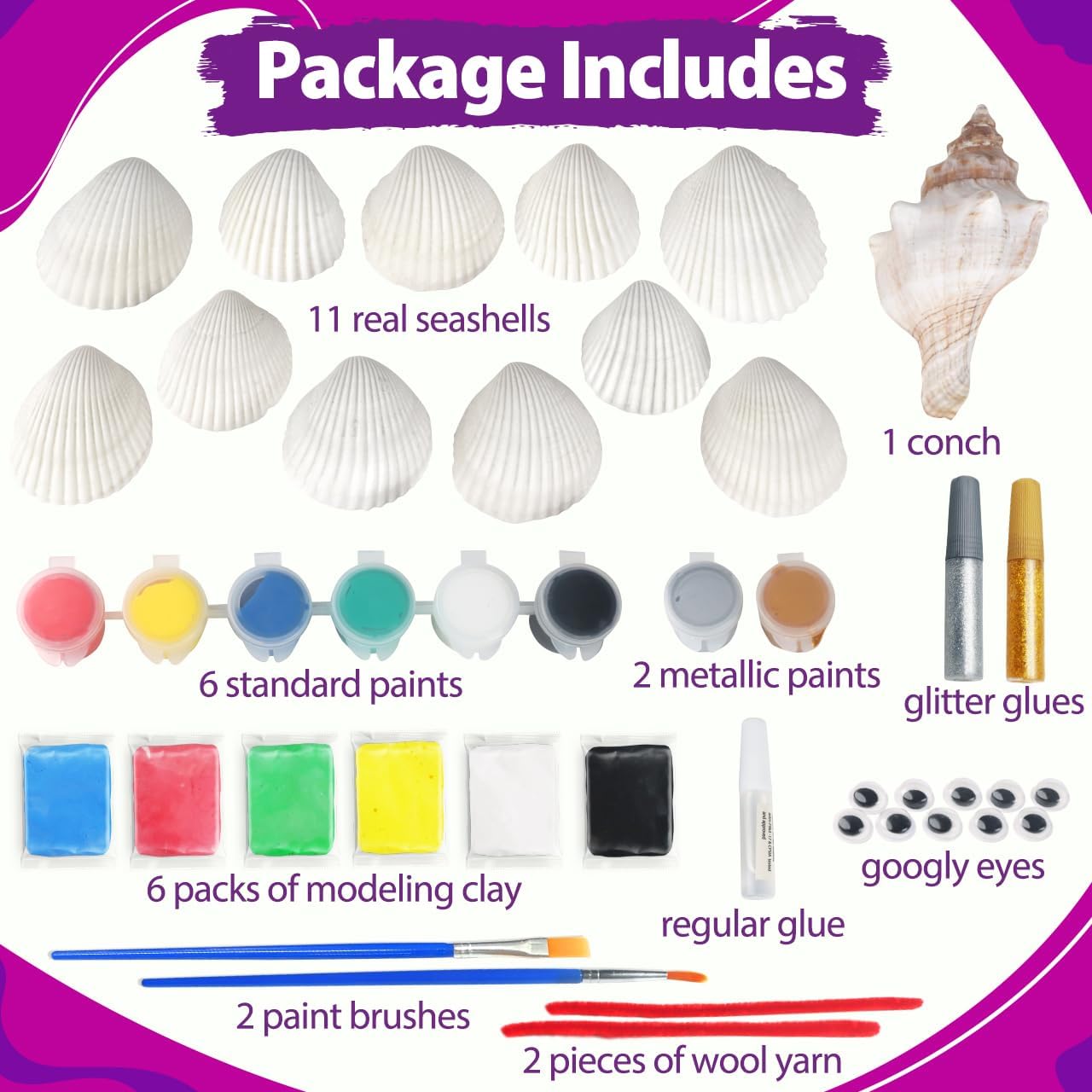 RMJOY Arts & Crafts Kit for Kids: Sea Shell Painting Kit Creativity Craft Kits with 12 Shells 6 Paint 6 Clay Suitable for Painting & DIY Molding Magic Clay Gifts Toys for Ages 3-12 Year Old Boys Girls