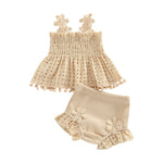 Murnouche 2Pcs Newborn Baby Girl Summer Clothes Sleeveless Floral Top Ribbed Shorts Boho Outfit Set Beige 3-6 Months