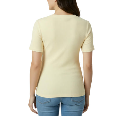 Motherhood Maternity Women's Short Sleeve Crew Neck Cross-Over Nursing Tee Shirt for Breastfeeding with Easy Access, Soft Yellow, Medium