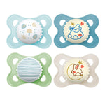 Four colorful baby pacifiers with cartoon designs on a white background