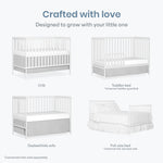Dream On Me Synergy 5-in-1 Convertible Full-Size Baby Crib with Toddler, Day & Full Bed Conversion in White, GreenGuard Gold & BSA, 3 Mattress Heights, Sustainable Pinewood