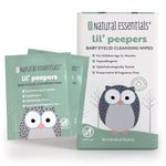 Natural Essentials Lil' Peepers baby eyelid cleansing wipes packaging with owl design on a white background