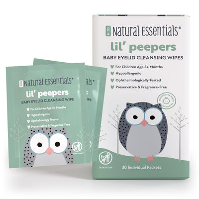 Natural Essentials Lil' Peepers baby eyelid cleansing wipes packaging with owl design on a white background