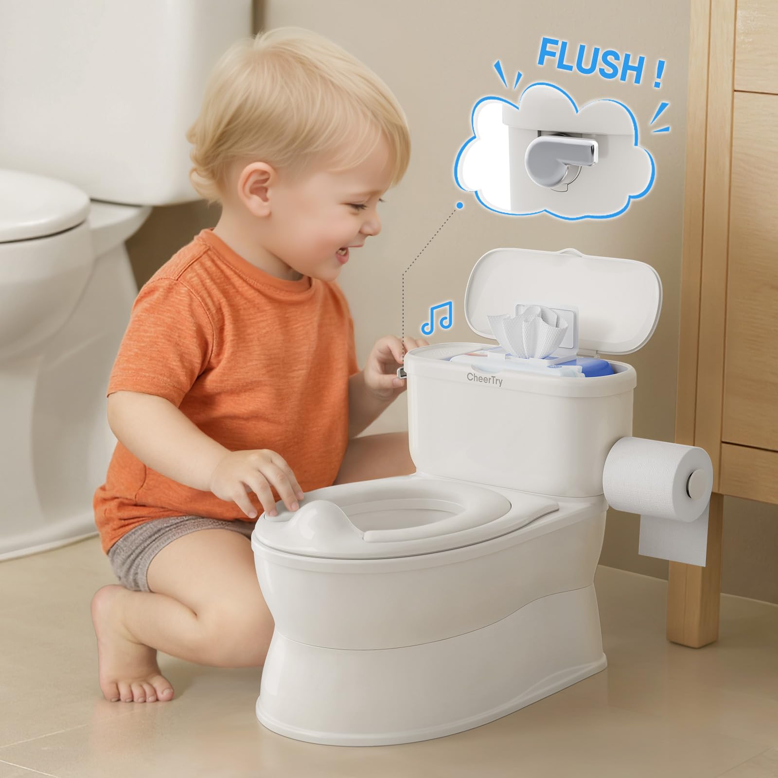 CheerTry 2-in-1 Toddler Potty Training Toilet - with Detachable Training Seat, Realistic Flushing Sound for Boys & Girls Ages 1-3 with Wipes Storage, Toilet Paper Holder