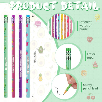 Leinuosen 48 Pcs Scented Pencils for Kids Cute Motivational Colorful Fun Wood HB Pencils Bulk with Erasers Fruit Elements for School Office Classroom Student