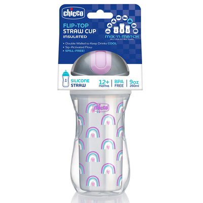 Chicco Insulated Straw Sippy Cup 12+ Months, 9oz Toddler Training Cup with Spill-Free Flip-Top Lid, BPA-Free 2-Pack, Silver/Purple Rainbow