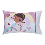 Disney Doc McStuffins - Cuddle Team Purple, White, & Blue 4Piece Toddler Bed Set - Comforter, Fitted Bottom Sheet, Flat Top Sheet, & Reversible Pillowcase, Lavender, Aqua, Pink, Yellow