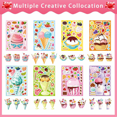 24 Sheets Make-a-face Stickers, Make Your Own Ice Cream Mix and Match Sticker Sheets DIY Summer Ice Cream Stickers for Kids Party Favors Activities