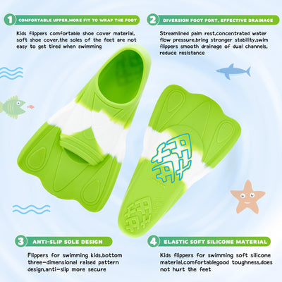 Kids Swim Training Fins, Comfortable Silicone Short Fins for Lap Swimming Flippers, Travel Size Flipper for Kids with Mesh Bag