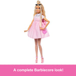 Barbie Deluxe Style Doll #3 in Barbiecore Outfit, Blond Hair in Top Knot, Pink Pastel Dress with Oversized Bow and Accessories Like Mesh Tights