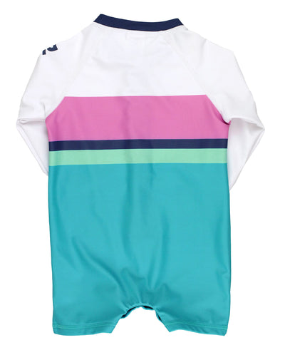 RUGGEDBUTTS Island Blue Color Block Long Sleeve One Piece Rash Guard - 3-6m