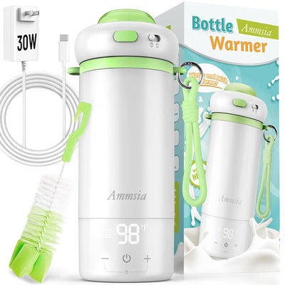 Ammsia bottle warmer with packaging, brush, and power adapter on a white background