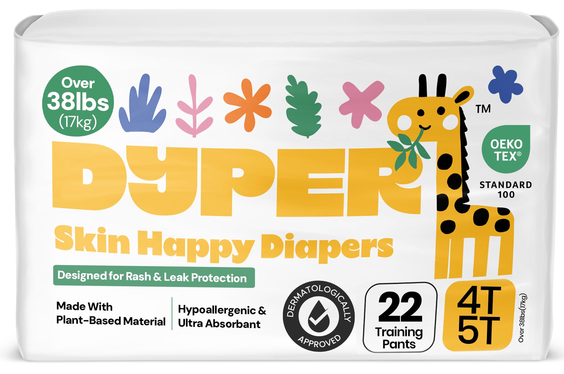 DYPER Toddler Potty Training Pants Girls & Boys, Honest Ingredients, Day & Overnight, Made with Plant-Based* Materials, Hypoallergenic for Sensitive Skin, Unscented (Size 4T-5T, 22, Count)