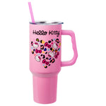 Silver Buffalo Sanrio Hello Kitty Leopard Jungle Cat Print and Bows Heart Stainless Steel Tumbler with Handle and Straw, Fits in Standard Cup Holder, 40 Ounces