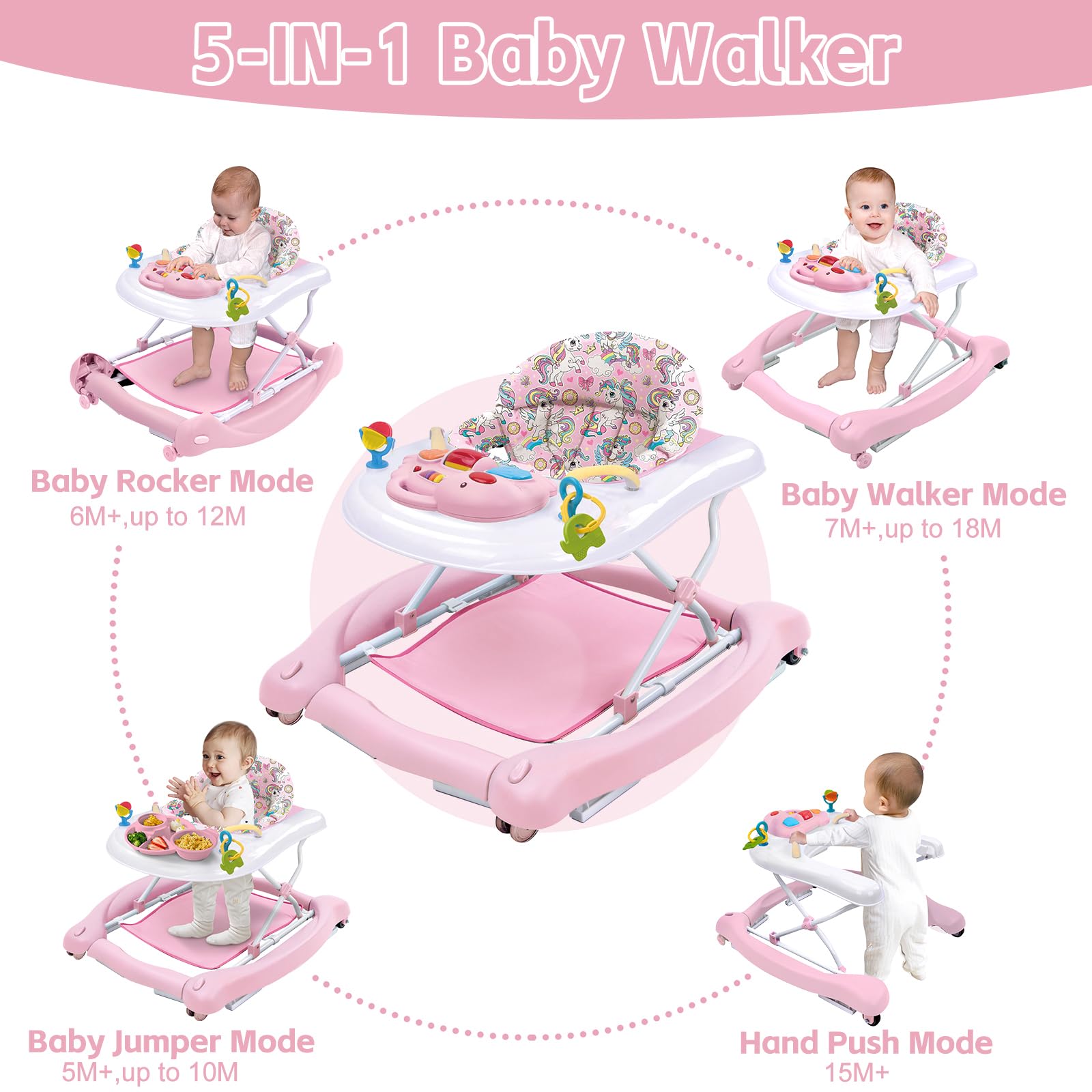 5 in 1 Foldable Baby Walker, Activity Baby Walker-Baby Bouncer, Rocker, Activity Center,Seat and Push Walker,Detachable Trampoline Mat, Adjustable Speed Rear Wheels and Height,Ages 6-18 Months(Pink)