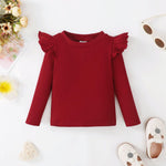 OPAWO Toddler Girl Shirts Ruffle Long Sleeve Baby Tee Tops, Ribbed Toddler Girl Blouse, Fall Baby Girl Clothes 2-Pack 12M-4T(Burgundy Apricot, 12-18 Months)
