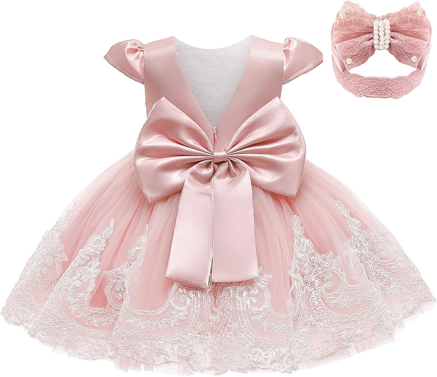 3M-3T Toddler Baby Girls Dresses Pageant Wedding Flower Girls Dress Formal Gowns Embroidered Lace Dress + Headwear