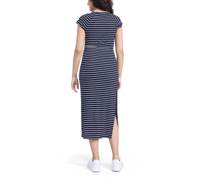 Motherhood Maternity Women's Raglan Sleeve Rib Knit Midi Pregnancy Bodycon Dress, Peacoat White Stripe, Medium