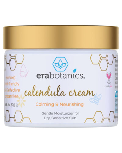 Erabotanics Calendula Cream jar with gold lid on a white background