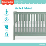Dream On Me Fisher Price Iris 4-in-1 Convertible Crib in Meadow Green, Greenguard Gold & JPMA Certified, Converts from Baby Crib to Day Bed, Full-Size Bed and Toddler Bed