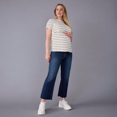 Motherhood Maternity Women's Short Sleeve Crew Neck Nursing Tee Shirt for Breastfeeding with Easy Access, Antique White/Black Stripe, Large