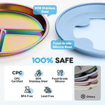 Coinicxcel Stainless Steel Toddler Plates with Suction, 9" BPA-Free Rainbow Baby Plates 2pcs with Removable Food-Grade Silicone Base, Divided Kids Plates Dishwasher Safe, Blue & Green