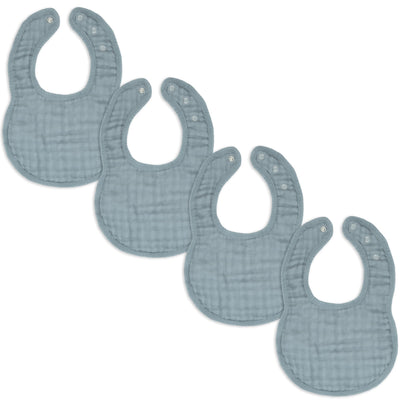 Set of five blue baby bibs on a white background