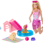 Barbie Puppy Pool Party Playset with Doll, Dog House and Slide, Heart Shaped Pool, Two Dog Figures, Six Accessories and Color Change, JBF35