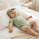 FOCUSNORM Baby Girl Summer Clothes Ribbed Short Sleeve Romper Solid Color Bodysuits Bow Headband Outfit Newborn Girl Jumpsuit (Pea Green, 0-3 Months)