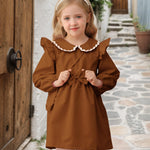 Kucnuzki 12-18 Month Girl Clothes Baby Girl Solid Color Outfit Long Sleeve Zip Up Dress Brown Collared Fall Winter Toddler Girls Plain Dresses with Cute Bag